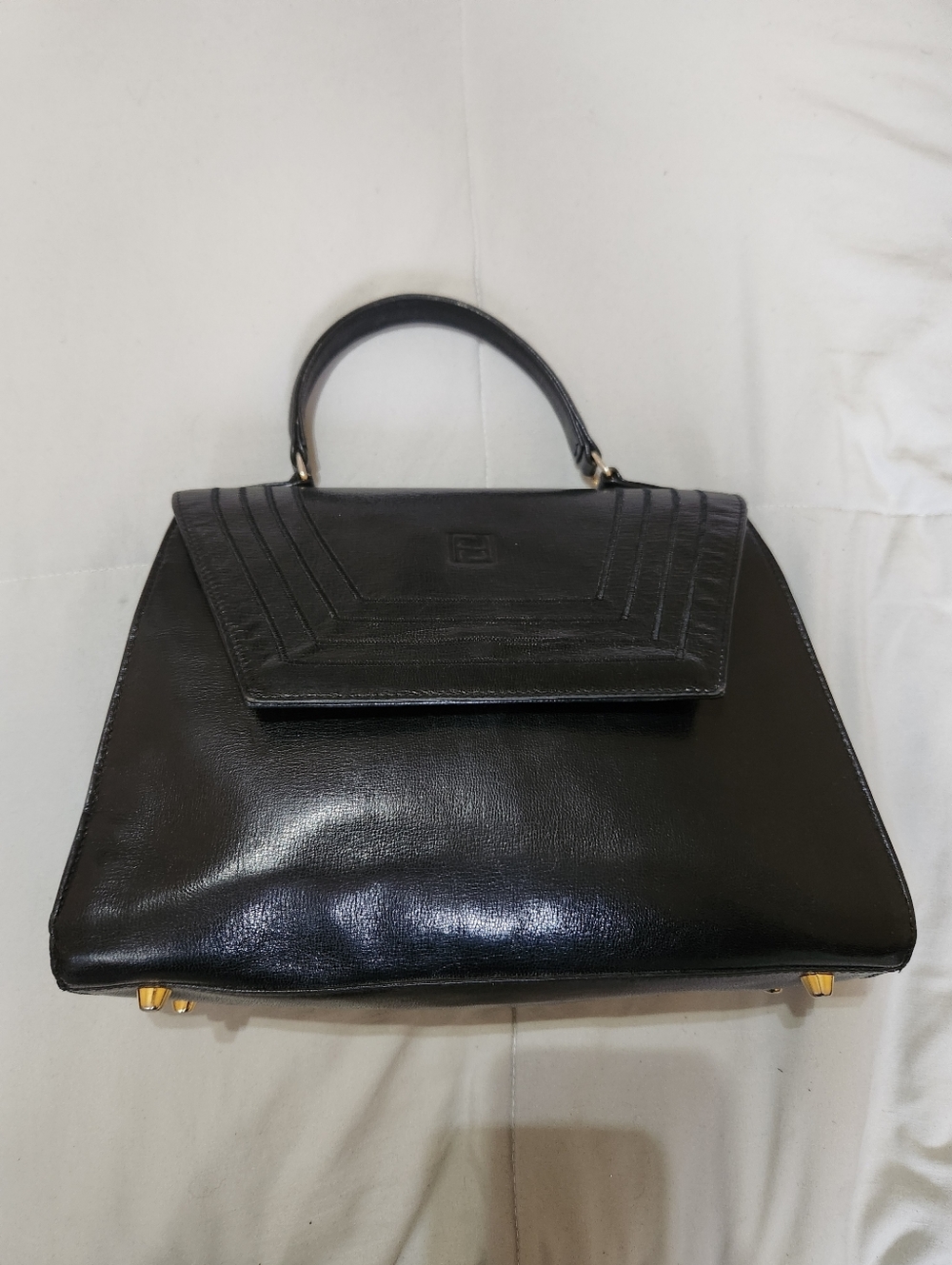 RARE VINTAGE FENDI ROMA 1970s/80s Black Leather Structured Top-Handle Box Bag - Picture 8 of 15